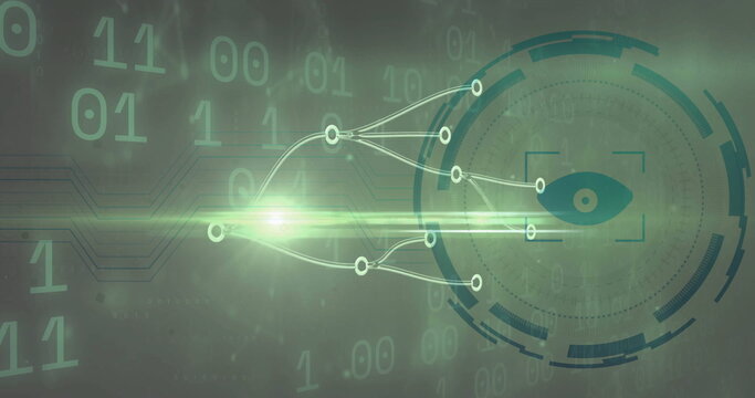 Displaying branching digital network unfolding in abstract space, with binary code and eye icon