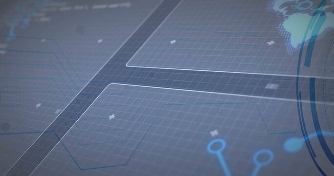 Displaying HUD interface in control panel, hex panels, grid net, circular HUD elements, world map - Powered by Adobe