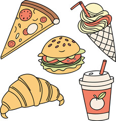 Cute fast food illustration featuring pizza slice, burger, croissant, ice cream cone, and cold drink in cartoon style, perfect for cafe menu, sticker design, or kids food decoration.