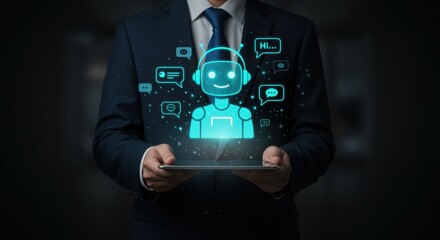 Businessman presenting virtual chatbot on tablet concept for customer service and communication technologies.