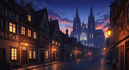 Obraz premium A beautiful, romantic old town street at dusk with a gothic cathedral and glowing lanterns, reflecting on the wet cobblestones