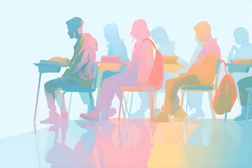 A pastel-colored abstract illustration of students sitting in a classroom. This artwork captures the essence of learning and academic environment in a modern and artistic style.