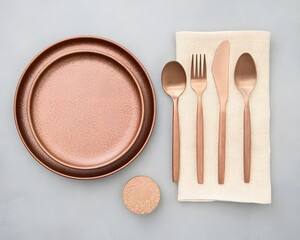Rose Gold Cutlery and Plates Table Setting Top View