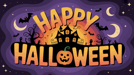 Spooky happy halloween greeting with haunted house and bats