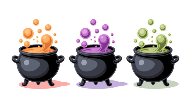 Three bubbling halloween witch cauldrons with colorful potions