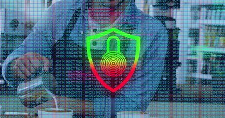 Business professionals discussing security at office windows with code streams and shield lock icon