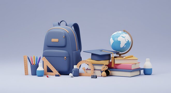 Back to school student essentials including backpack globe and academic materials representing education and learning