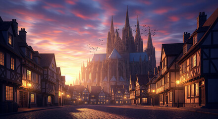 Obraz premium A beautiful, majestic gothic cathedral at sunset, framed by traditional half-timbered houses on a cobblestone street with birds flying