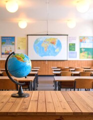Empty classroom with globe and map