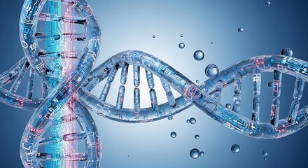Transparent D N A Helix with Circuit Board Patterns and Water Droplets molecule genetics