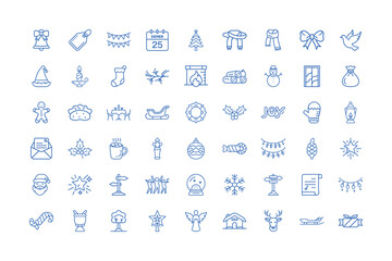 Vector art of a collection of handdrawn blue christmas and winter holiday icons, including festive symbols like santa hats, stockings, gifts, trees, snowmen, and decorations, all isolated a