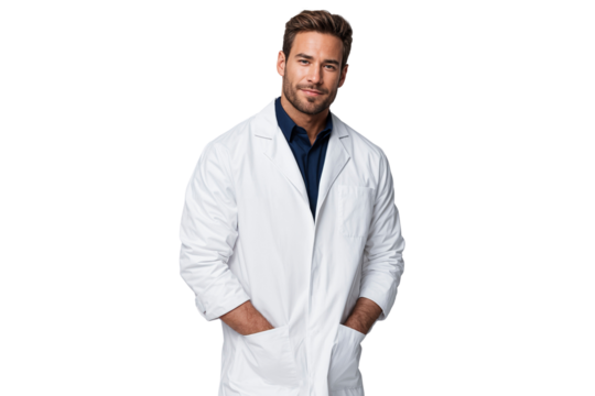 Handsome male Scientist in a white lab coat with hands in pockets, isolated on transparent background