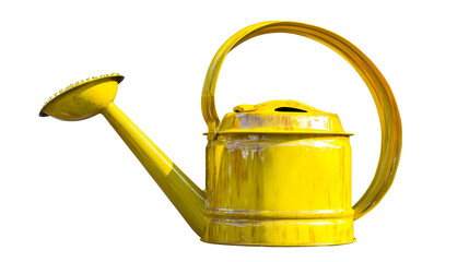 A weathered yellow watering can with a curved handle and shower head