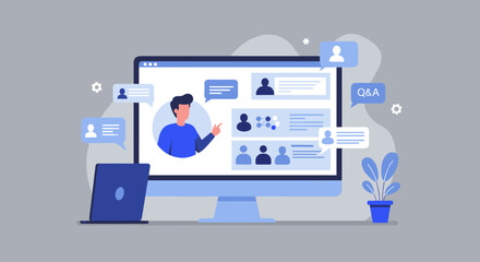 Virtual meeting concept with online chat and video calls