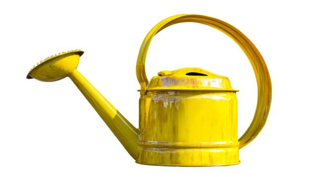 A weathered yellow watering can with a curved handle and shower head