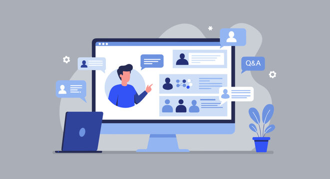 Virtual meeting concept with online chat and video calls