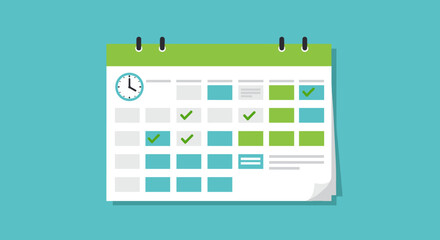 Modern flat calendar design with checkmarks and clock on teal background