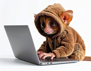 Fototapeta premium A tarsier primate wearing a hooded jacket, intently typing on a laptop computer against a plain white background.