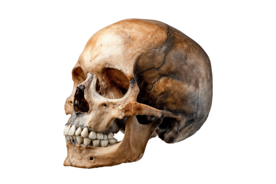 Human skull with visible teeth isolated on white or transparent background