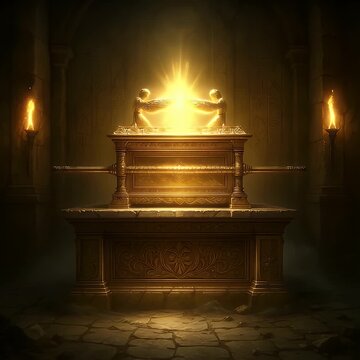 Glowing Ark of the Covenant Enshrined in an Ancient Stone Chamber Surrounded by Mystical Runes and Flickering Torchlight