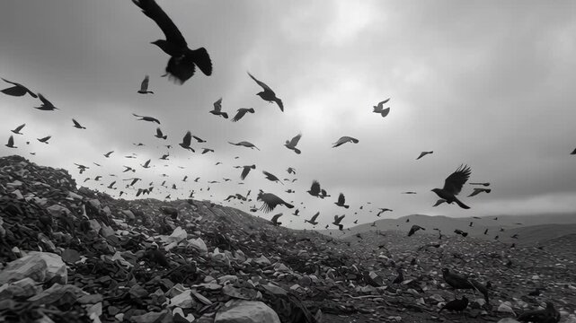 A dramatic scene of birds taking flight over a landfill, highlighting the intersection of nature and waste.