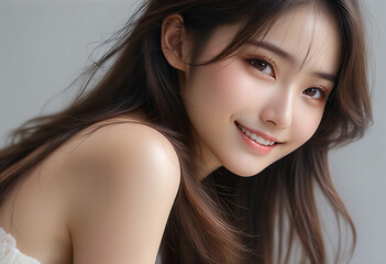 Beauty portrait of a beautiful young smiling woman with long hair blowing in the wind and glowing skin. Beautiful hair, beauty image, natural.風になびく長い髪と輝く肌を持つ美しい若い笑顔の女性の美容ポートレート。美しい髪、美容イメージ、ナチュラル。