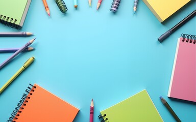 top view of notebooks and arranged colorful stationery isolated on blue. High quality