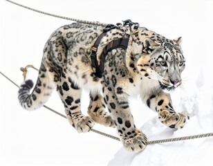 Fototapeta premium Snow leopard walking a tightrope in a snowy landscape.