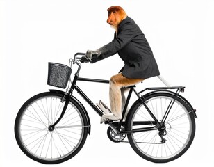 Naklejka premium A proboscis monkey wearing a business suit jacket and trousers actively pedals a black bicycle.