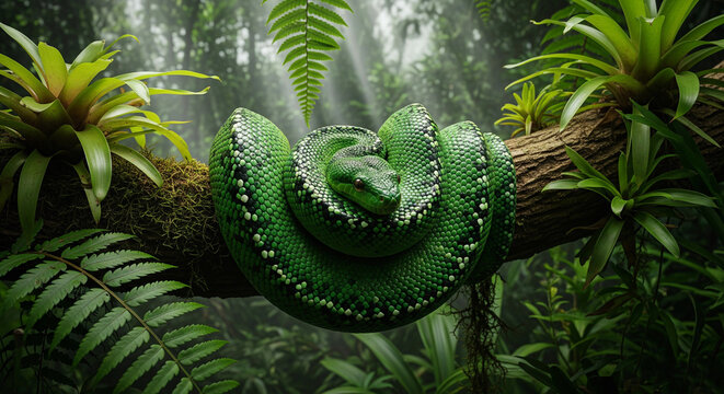 A vibrant green tree python with a black and white pattern coiled on a branch in a tropical rainforest with lush foliage