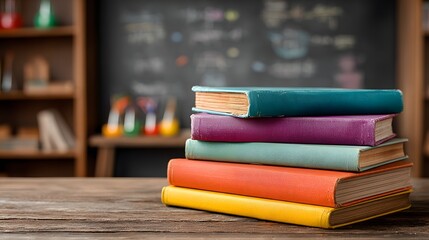 Vibrant stack of classic books on a wooden desk with a chalkboard and lab equipment background