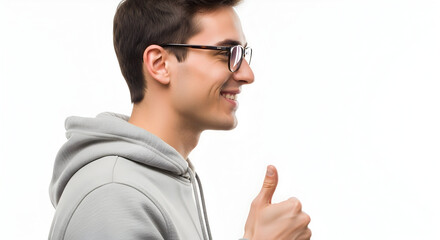 Young man wearing glasses and a gray hoodie giving a thumbs up and smiling in a bright studio setting for positive lifestyle and casual fashion themes