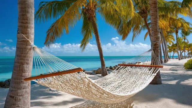 Seaside Hammock: A sun-drenched scene of relaxation with a woven hammock strung invitingly between palm trees on a pristine beach, promising tranquility. 