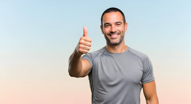 Happy smiling man giving thumbs up gesture outdoors in casual athletic wear enjoying positive mood and good weather for health fitness and wellness concepts