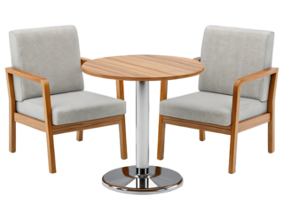 Two armchairs with gray cushions facing a round wooden table with a silver pedestal on white background