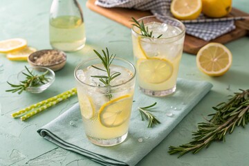 Summer refreshing lemonade drink or alcoholic cocktail with ice, rosemary and lemon slices on pastel light green surface