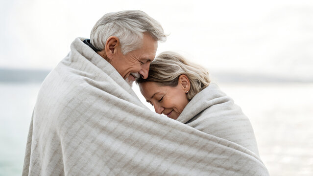 Elderly couple embracing under a blanket by the water at sunset