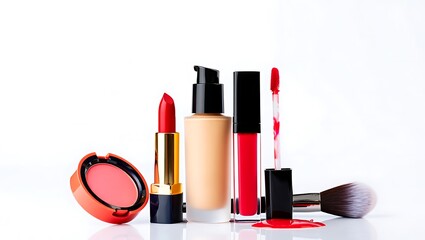 Red lipstick liquid gloss foundation blush compact and makeup brush on white background cosmetics beauty
