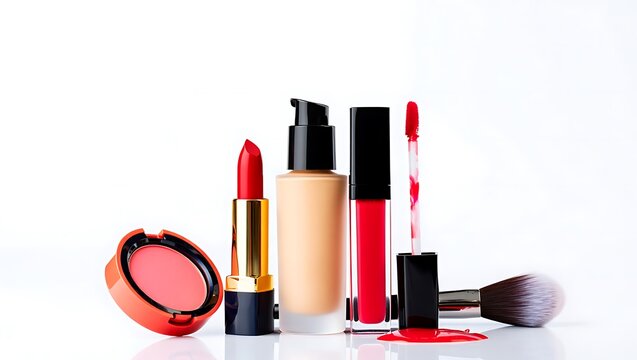 Red lipstick liquid gloss foundation blush compact and makeup brush on white background cosmetics beauty