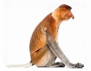 A male proboscis monkey with its characteristic large nose sits in profile on a white background.