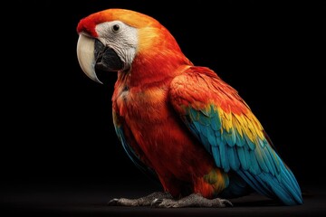 Colorful macaw perched with vibrant feathers against a dark background showcasing natural beauty and wildlife