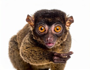 Fototapeta premium A curious Northern giant mouse lemur with large orange eyes looks at the camera while pointing, isolated on a white background.