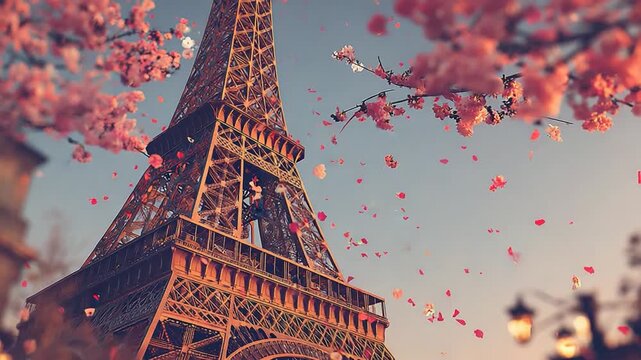 Blooming cherry blossoms surround the Eiffel Tower during a serene evening in spring