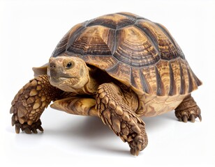 A brown tortoise with a large, patterned shell stands and looks forward on a solid white background.