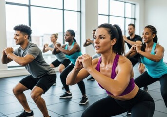 Fototapeta premium Diverse group of people performing squats in a brightly lit gym