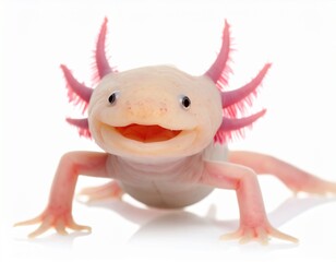 A smiling axolotl amphibian, light peach color, against a white background.