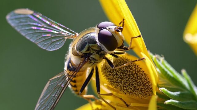 Close-up view of a hoverfly collecting pollen from a bright yellow flower in nature