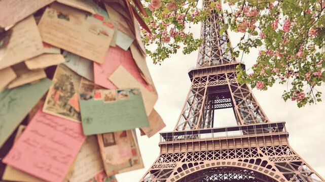 Colorful postcards and letters adorn a tree near the Eiffel Tower during springtime in Paris