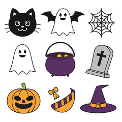 Fototapeta premium Cartoon Halloween elements like cat, ghost, pumpkin and hat create a festive ambiance on white