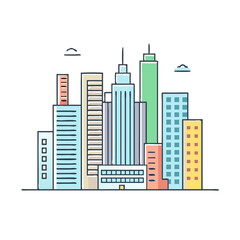 Colorful modern city skyline with flat design buildings and abstract elements